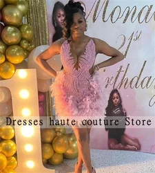 Pink Feather Beaded Short Prom Dresses Black Girls 2025 Birthday Party Dresses Mini Cocktail Dresses Homecoming Dress Customized