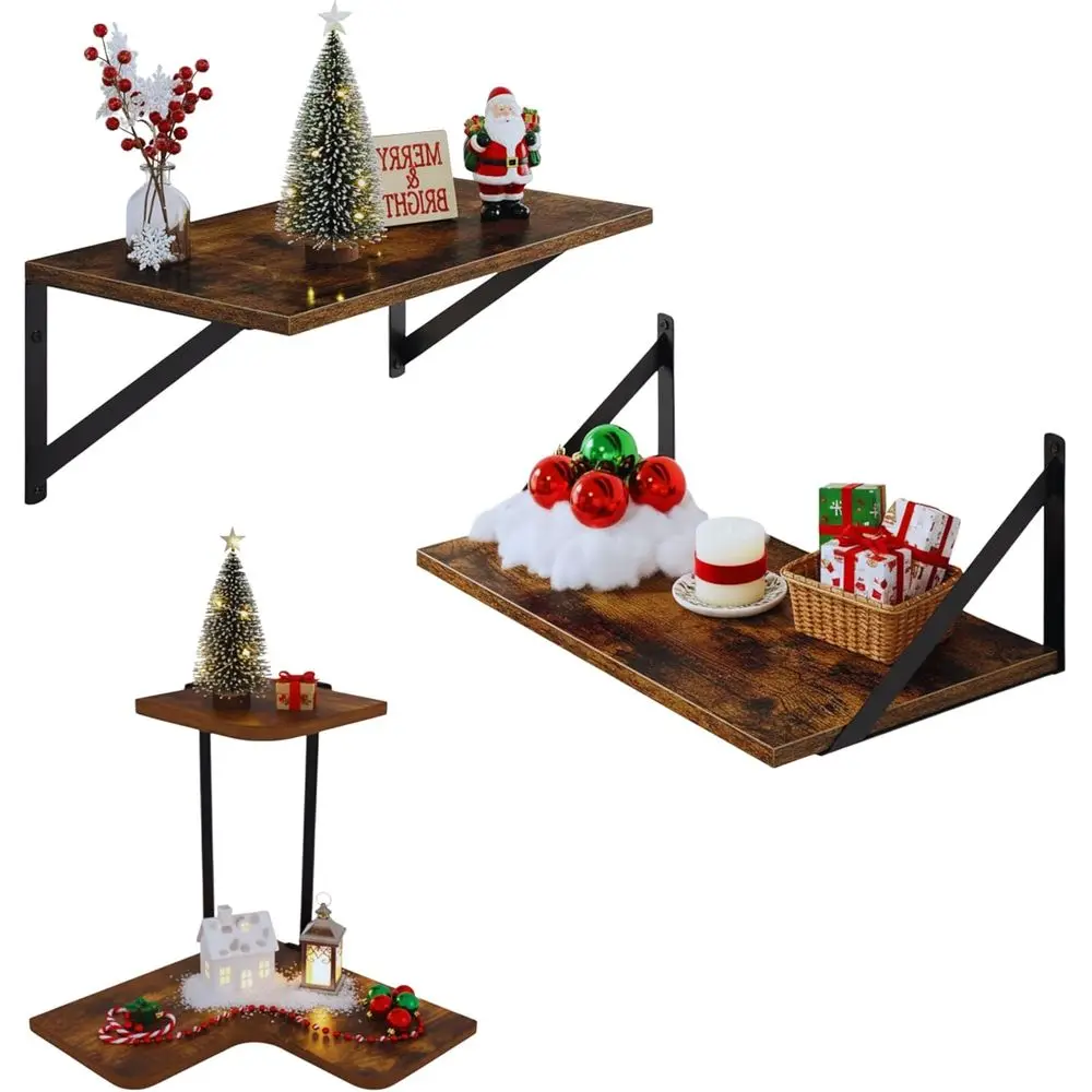 

Set of 2 Rustic Brown Wall Shelves with Corner - Wood Floating for Kitchen, Bath, Living Room, Office - Heavy Duty, Easy Install