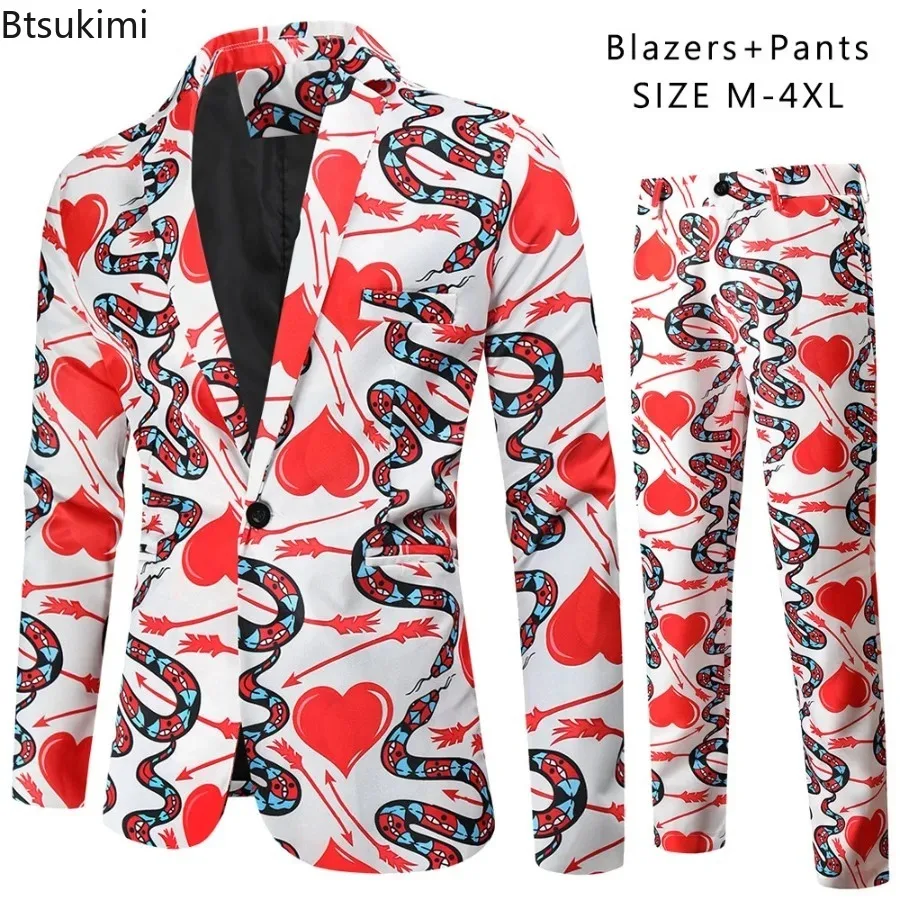 Zestawy garniturów męskich na przyjęcie świąteczne, płatek śniegu, Święty Mikołaj, uroczy, zabawny nadruk, marynarka, spodnie, Walentynki, ślub, moda, 2-częściowy komplet
