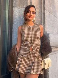 HH Women Shorts Suit Elegant O-Neck Single Breasted Pocket Plaid Decorate Vest Top+Chic Zipper Pleated Slim Mini Culottes