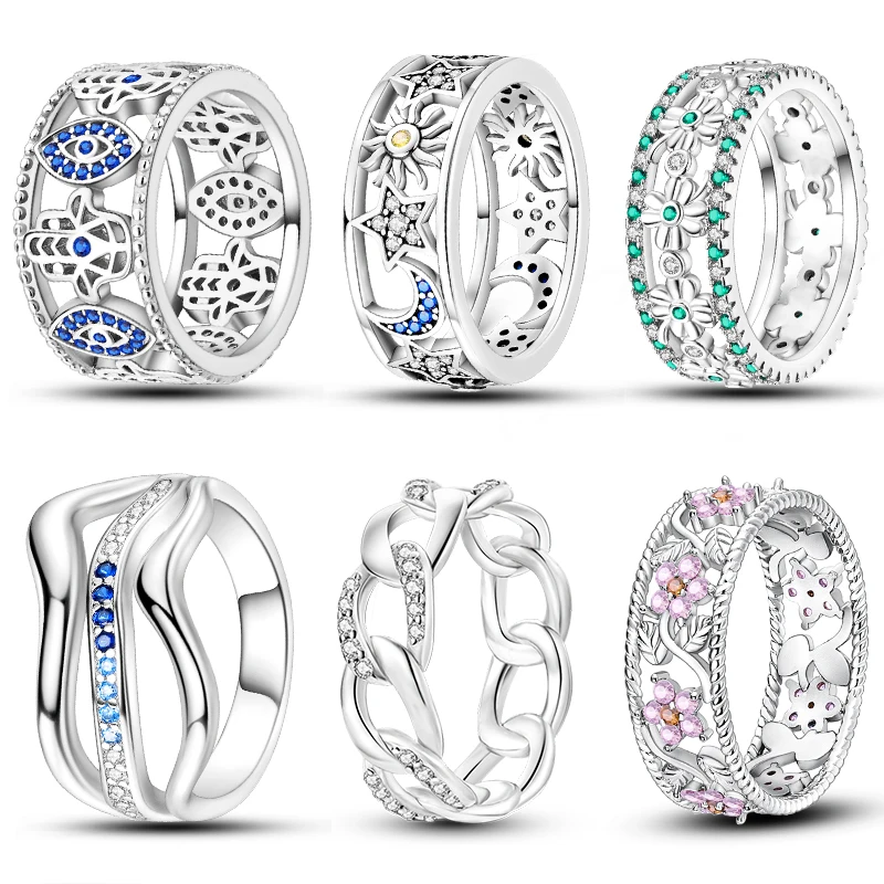 925 Silber Farbe Ringe Blumen Mond Sterne Hohl Weben Unregelmäßige Ringe Für Frau Feine Romantische Hochzeit Engagement Schmuck Geschenke