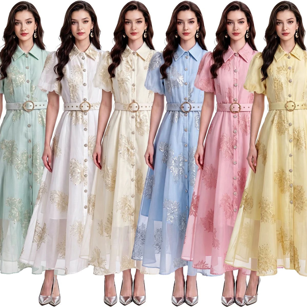 Elegant Slimming Short Sleeve Shirt Dress with Belt High Waist Polyester Fiber Commute Style Single Button mid Length A-Line ...