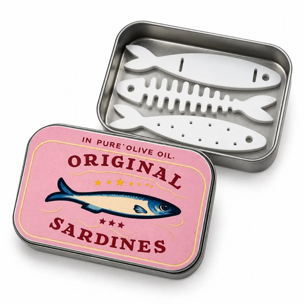 3D Printed Sardine Tin Jewelry Box Portable Lightweight Jewelry Organizer Fishbone Insert Compact Sliding Lid Travel Case