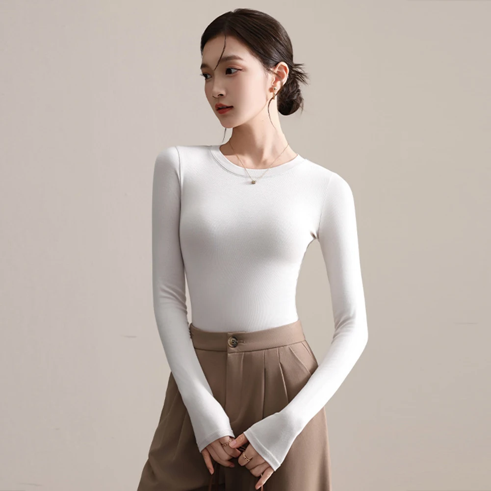 Womens Long Sleeve T Shirt Slimming Round Neck Base Layer Top Solid Color Spring Summer Casual Blouse For Ladies