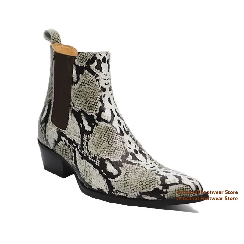 Snake Pattern Chelsea Boots Elastic Band Height Increasing Men's Boots Trendy Handmade Brand Designer Runway New Men Boots