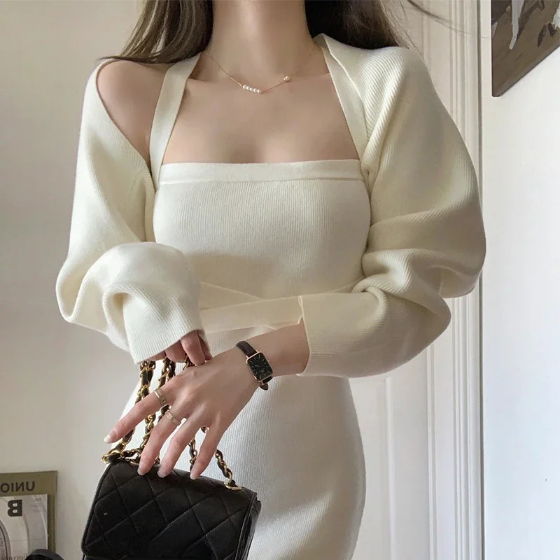 

2024 Elegant Ladies 2 Pieces Knitted Set Long Sleeve Crop Cardigans Sweaters & Spaghetti Strap Bodycon Bandage Sleeveless Dress