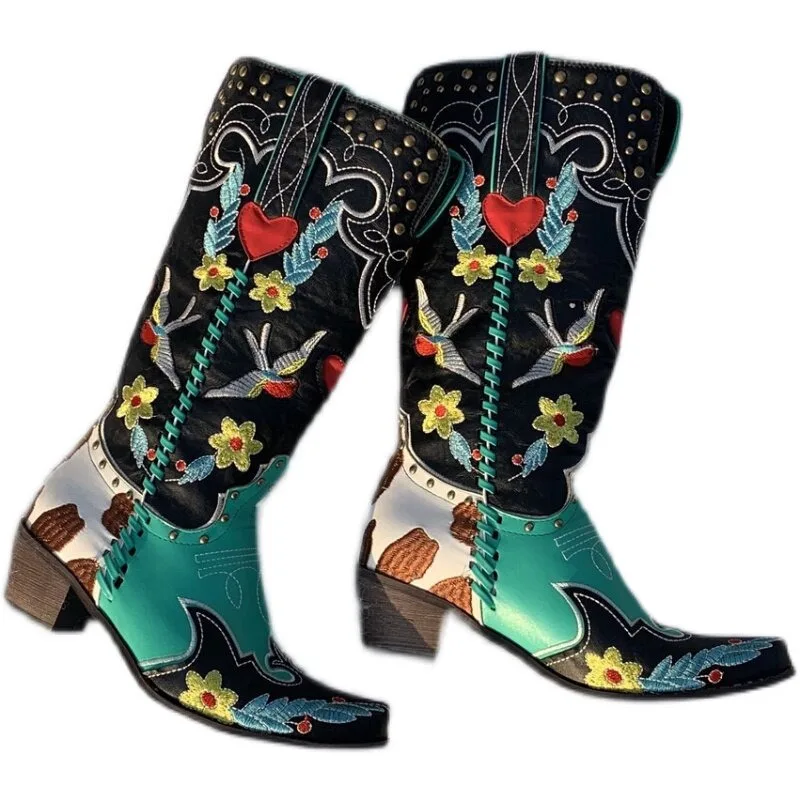 Everbright Store Vintage Old School Swallow Totem Embroidery Color Matching Cowboy Mid Boots Women's Boots
