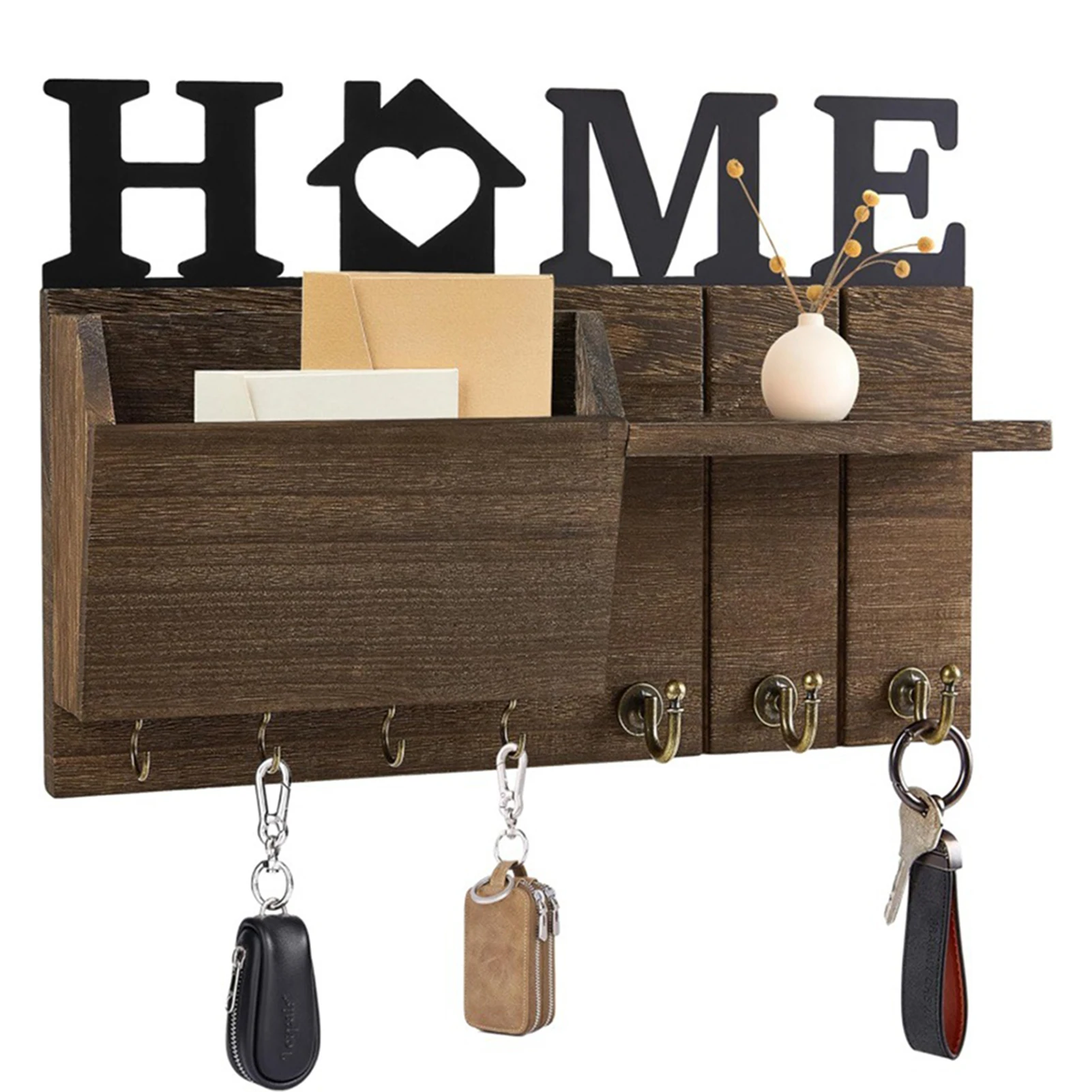 Wall Hanging Wooden Key Hanger With Shelf Wall Mount Mail Organizer Rectangle Key Rack Holder Coat Hooks Home Decoration