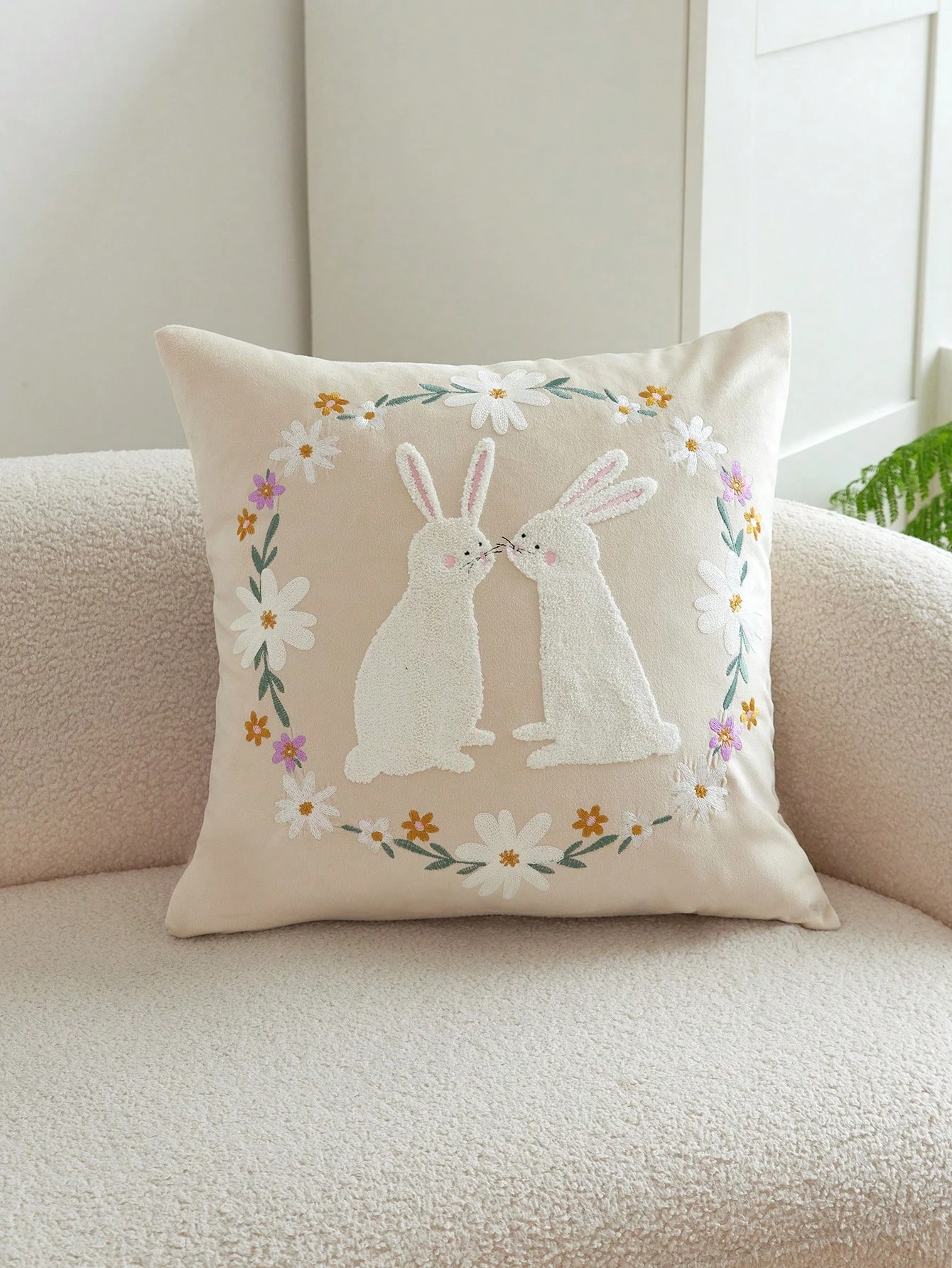 1 Stück Frühlings-Osterhase Blumenkranz Kissenbezug aus Polyester, 2D Doppelseitiger Druck, Wohndekor Geschenk für Sofa, Schlafzimmer, Wohnzimmer