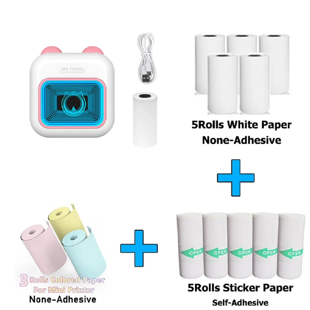 Mini Pocket Printer Mini Sticker Printer Portable for Printer with 13 Roll Papers for Notes, Photos, Stickers, Labels, Receipts