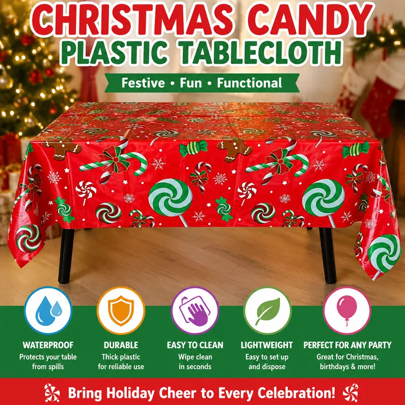 Festive Christmas Theme Tablecloth Disposable Waterproof with Candy Pattern, Ideal for Party Background Decoration.