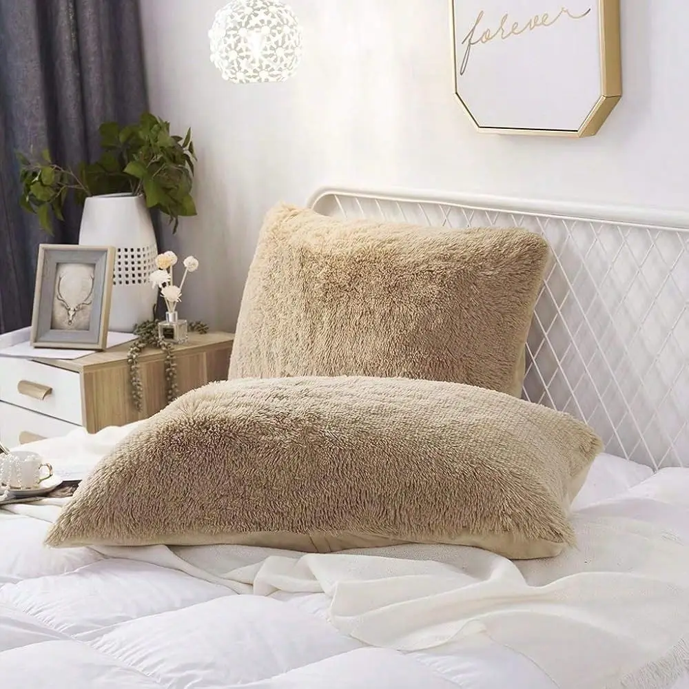 

Set Of 2 Standard Pillowcases Faux Fur Throw Pillow Covers FQueen Size Shams Soft Velvet Decorative Zipper Closure Camel, 20 X2