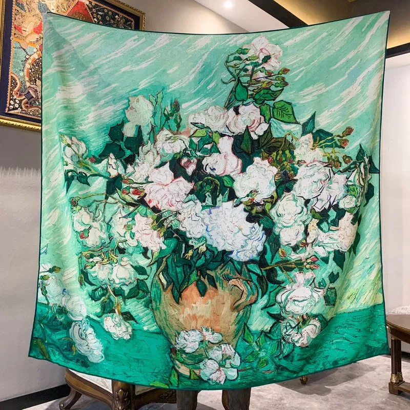 

High-end Elegant Women Fine Oil Painting Rose Double Sided Print Quality Silk Wool Hand-rolled Edge Large Square Scarf Shawl