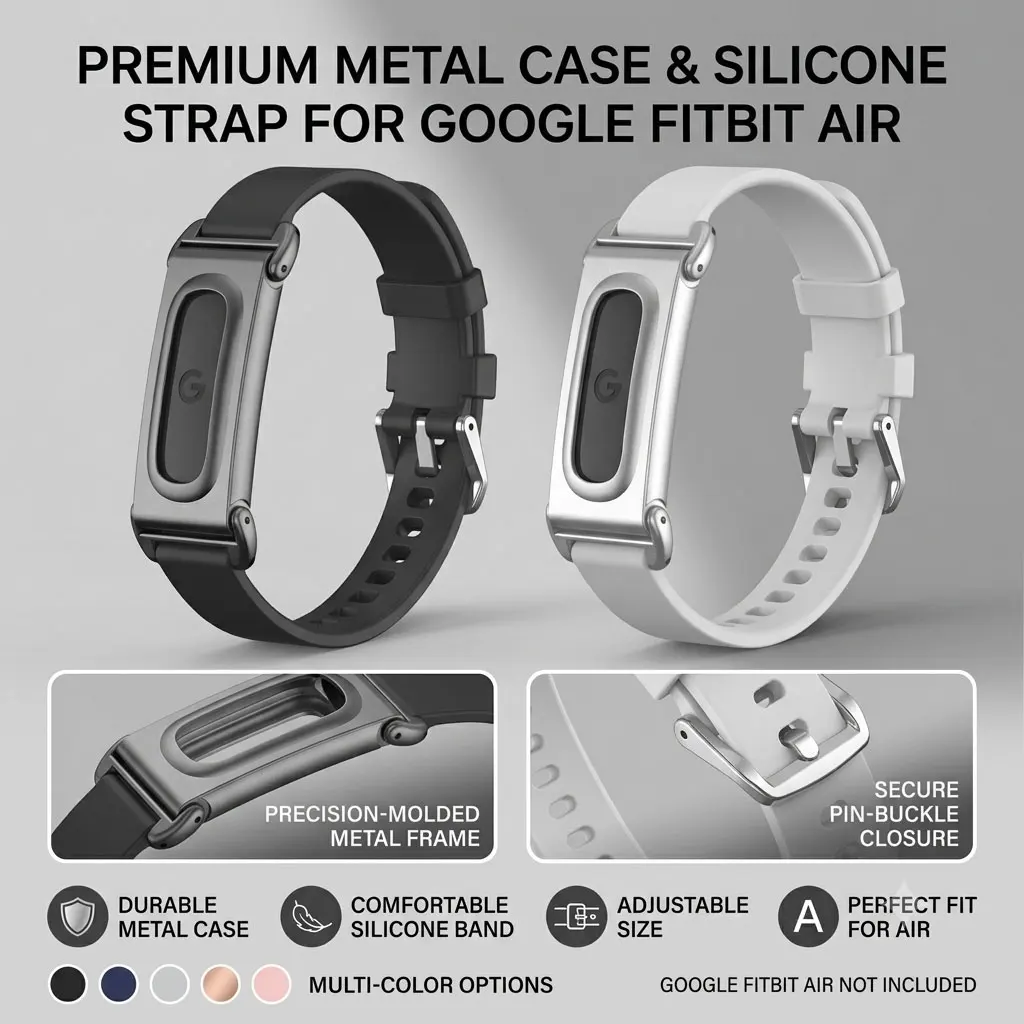 For Google Fitbit Air Replacement Band, Metal Frame Soft Silicone Sport Strap Adjustable Secure Pin Buckle Wristband Accessory