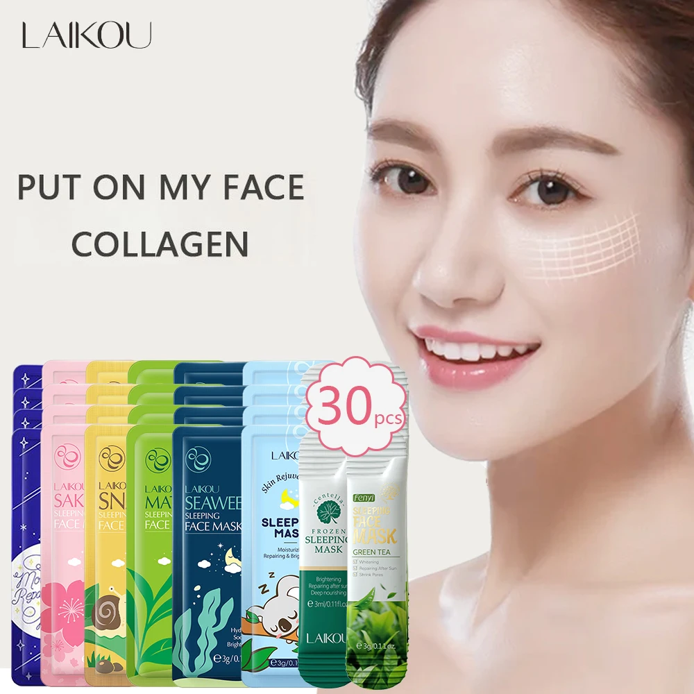 30Pcs LAIKOU Sakura Snail Seaweed Moisturizing Sleeping Mask Cream Portable Face Mask Anti Wrinkle Hydrating Nourishing Skincare