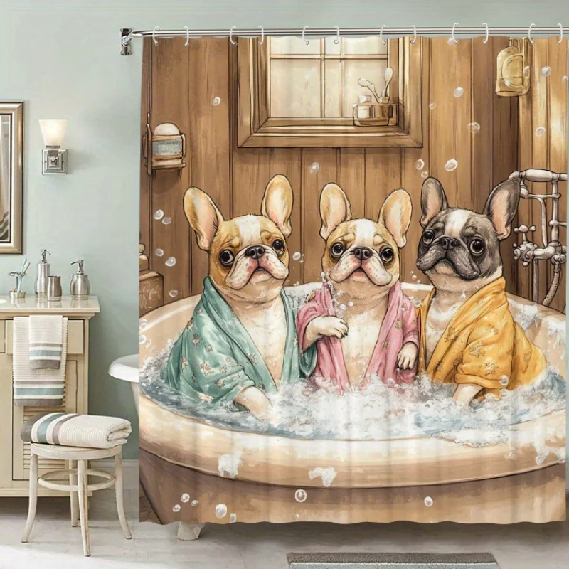 Cute French Bulldog Shower Curtain, Dog Bath Time Waterproof Fabric Bath Curtain, Pet Lover Bathroom Decor Art