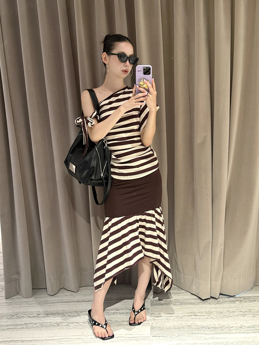 

Женская летняя юбка Slim Fit в корейском стиле, 2025, с высокой талией, А-силуэт, с цветными полосками, модная