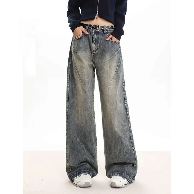 

WCFCX STUDIO Streetwear Women's Vintage Wide Leg Jeans Fashion Baggy High Waist Straight Pants High Street Mopping Denim Trouser