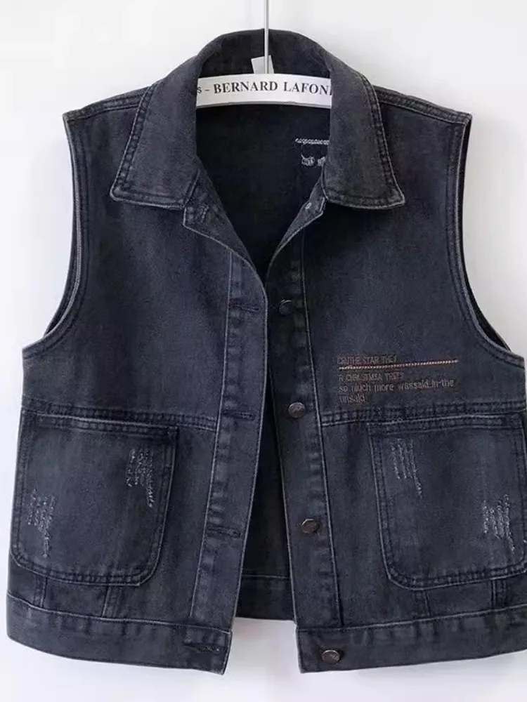 

Loose Black Denim Vest Women's 2024 New Korean Style Small Size No Sleeve Shoulder Pad Jacket Street Style Short Length