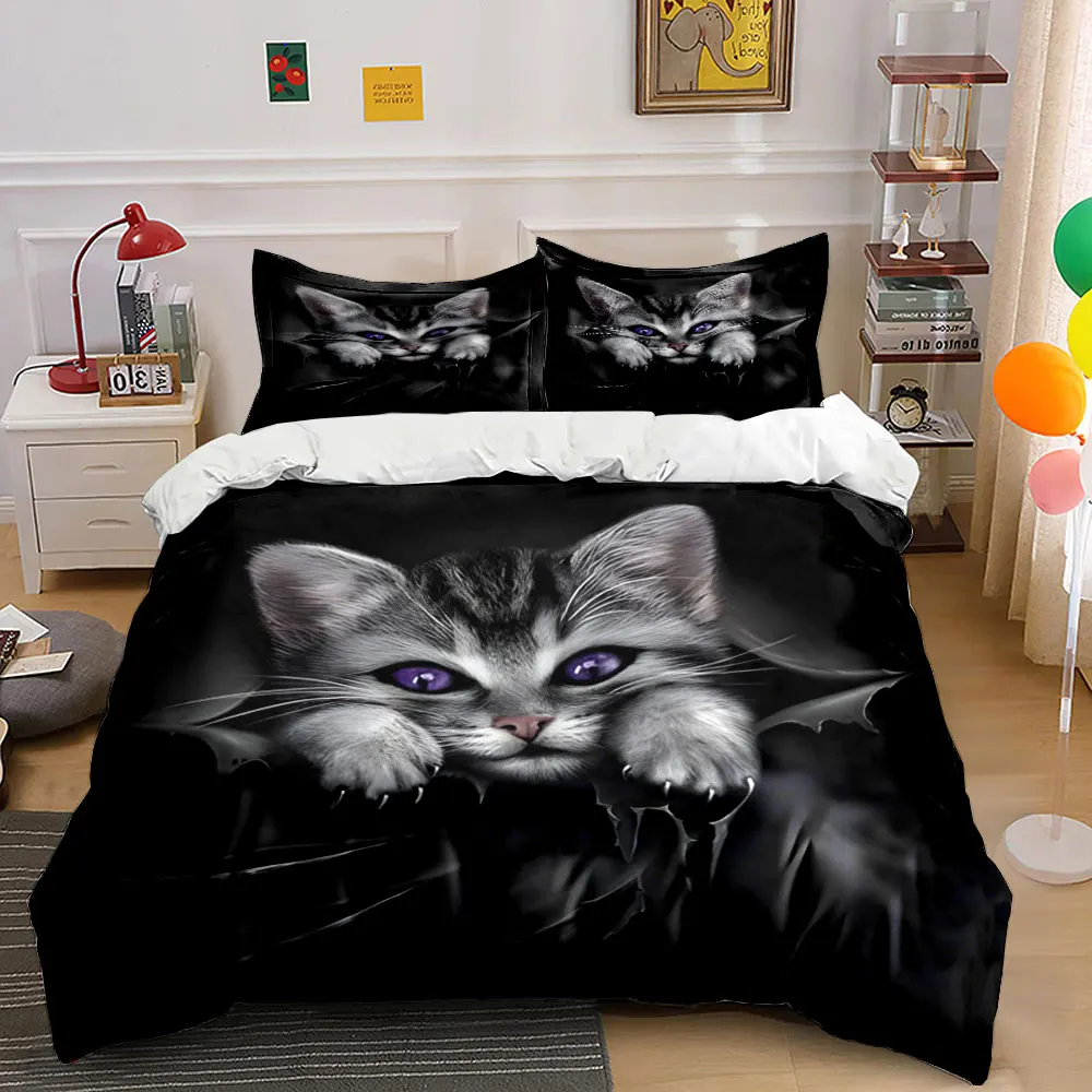 Cat-Themed Decorative Sticker Set Bedding Set with 1 Duvet Cover 2 Pillowcases Single Double King Queen, Gift