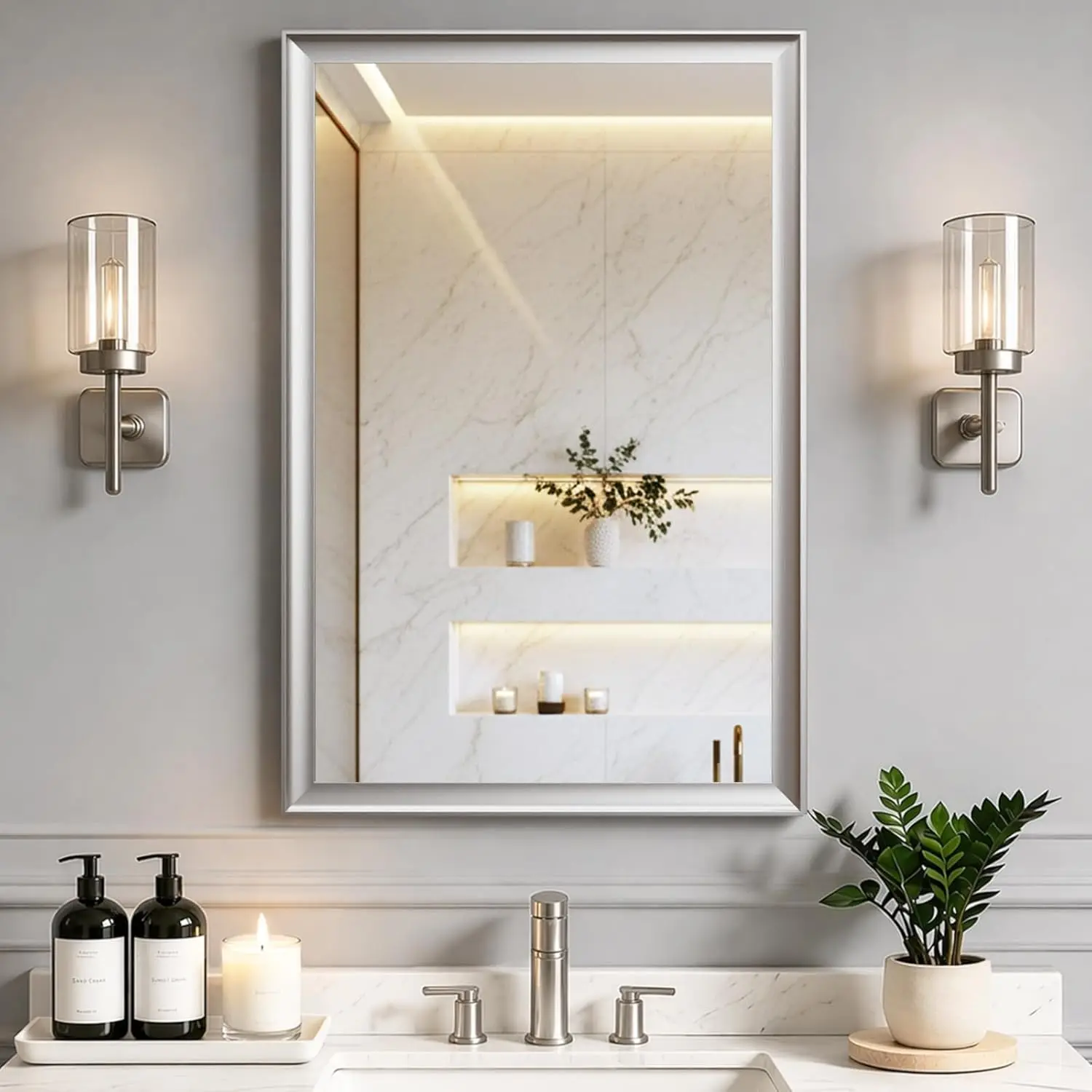 Brushed Nickel Bathroom Mirrors Over Sink 24x36 Inch Silver Rectangle Vanity Mirror Wall Decor Bedroom Entryway Living Room Alum