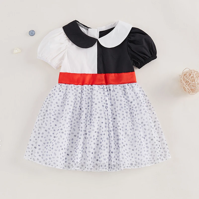 Little Girl Halloween Dress Spot Print Short Puff Sleeves Doll Collar A-Line Dress Costume