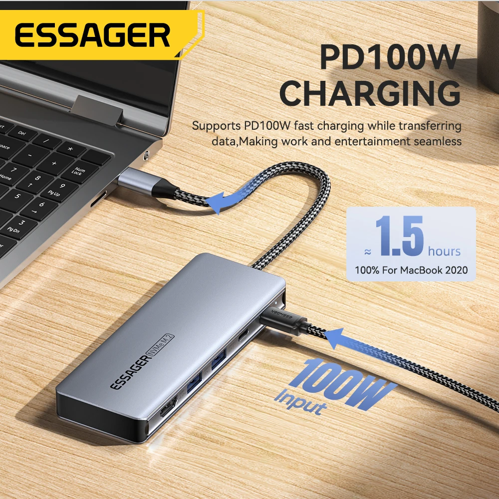 Essager USB C 허브, M.2 SSD 하드 디스크 인클로저 포함, 6/7 인 1, PD100W, USB3.2, 10Gbps HDMI, USB C 타입 어댑터, 맥북 프로 에어 PC용