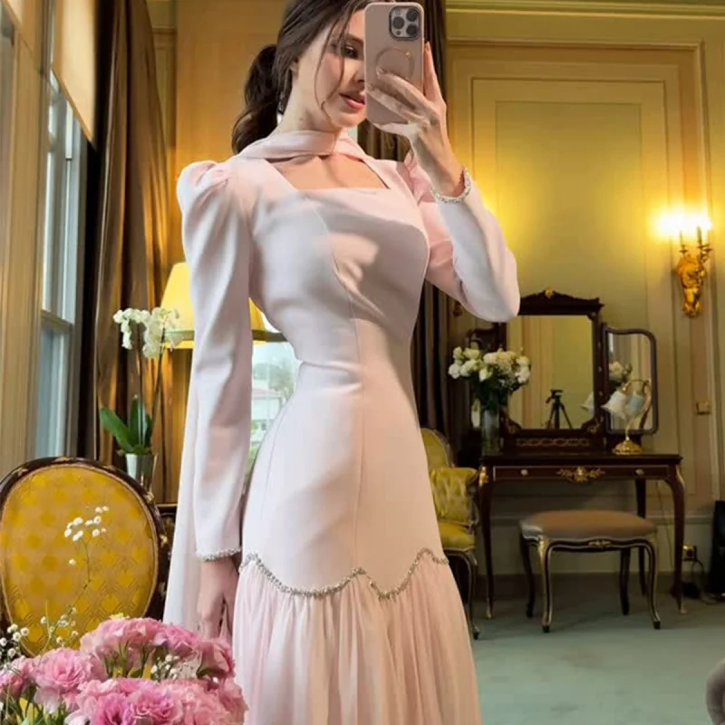 

2025Spring New Handmade Rhinestone Embellished Ribbon Design Long Sleeve Elegant Slim Dress