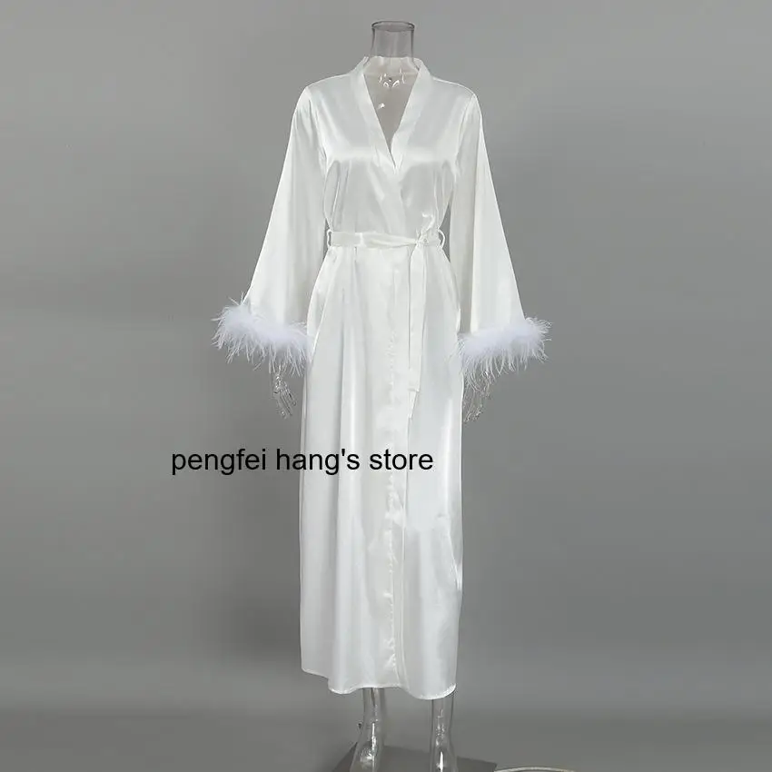2026 New Autumn Winter Women Satin Feather Long Sleeve Bathrobe, Textured Silky Home Loungewear Sleep Robe