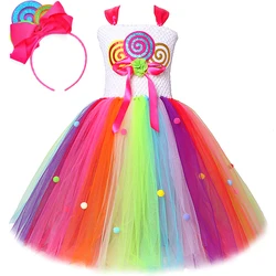 Rainbow Lollipops Long Tutu Dress for Girls Candy Birthday Party Costumes for Kids Christmas Halloween Outfit Princess Ball Gown