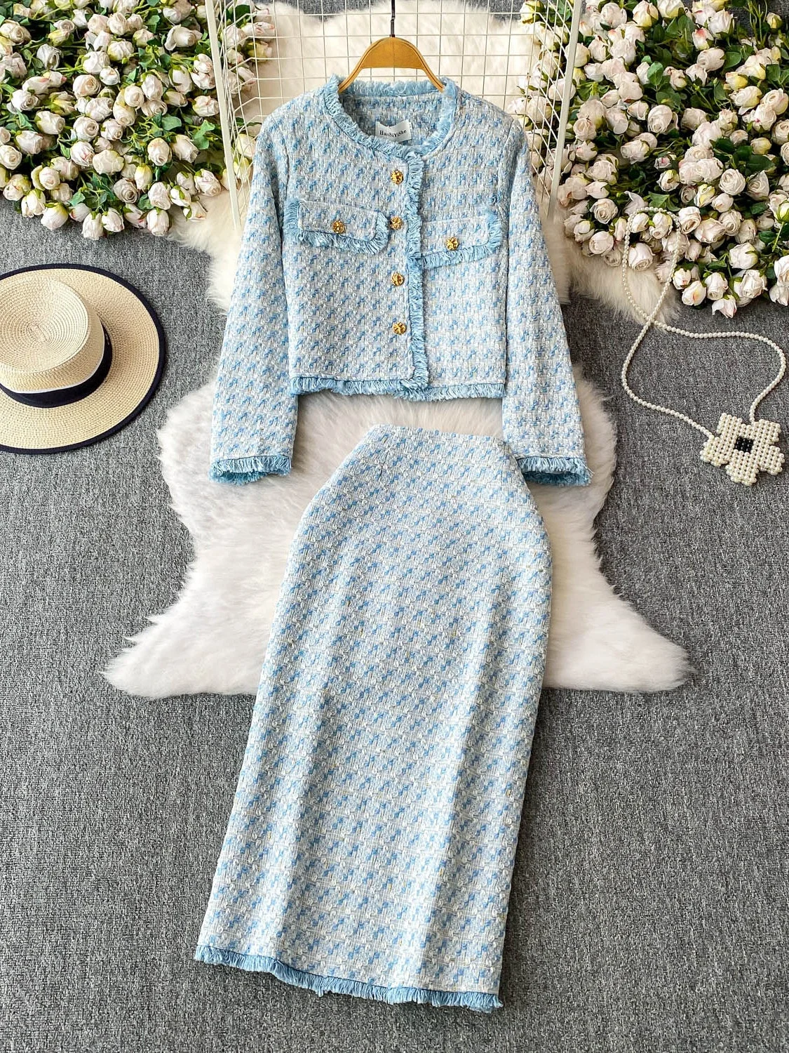 

Ele round Ne Tweed Jaet и длинная юбка для женщин, осенне-зимний модный дизайн, металлическое длинное платье Bule Sve