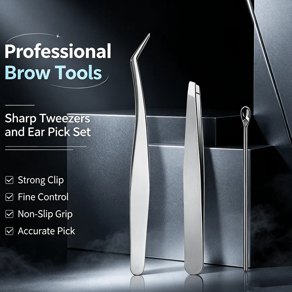 3Pcs Stainless Steel Eyebrow Tweezers & Ear Pick Set, Precision Hair Tweezers and Ear Wax Removal Tool for Personal Beauty Care