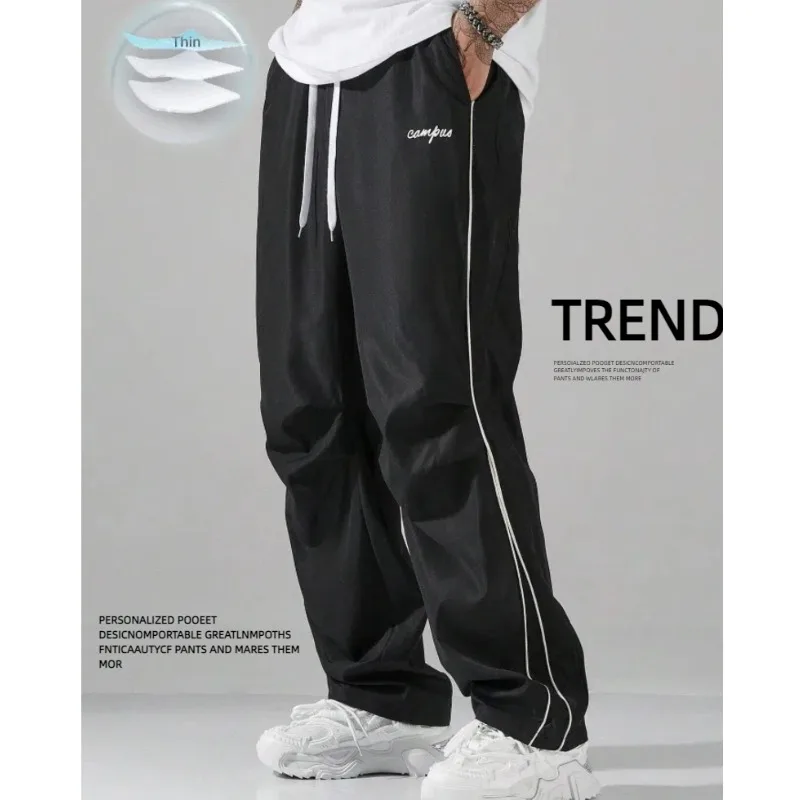 

Men Casual Pants Solid Color Breathable Loose Straight Drawstring Pants Streetwear Contrast Trim Trouser Fashion Cargo Pants Men