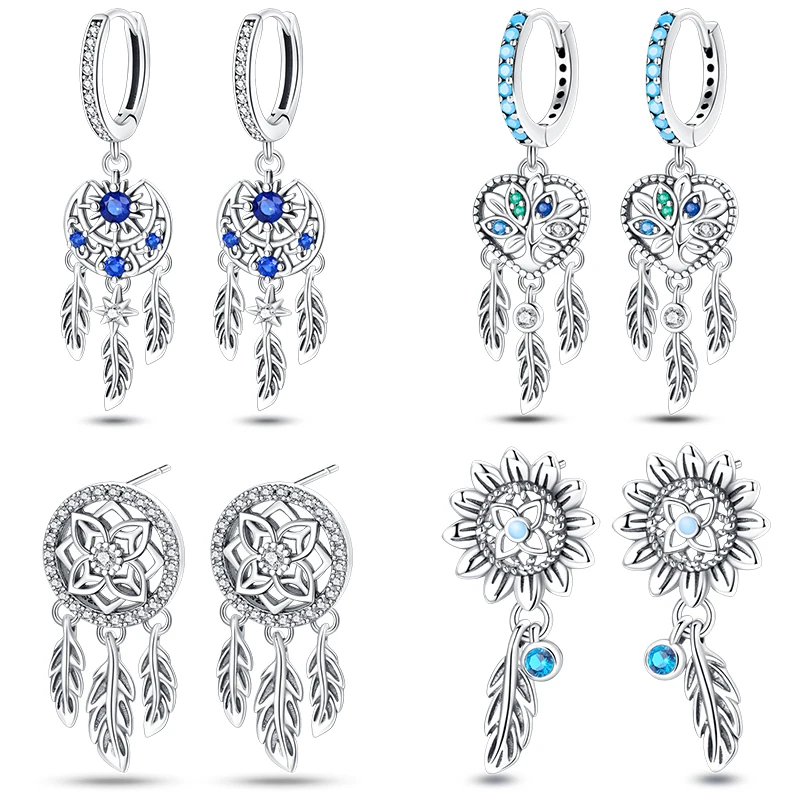 

New in 925 Silver Romantic Feather Moon Stars Dream Catcher Earrings For Women Trending Fashion Jewelry Creative Birthday Gifts