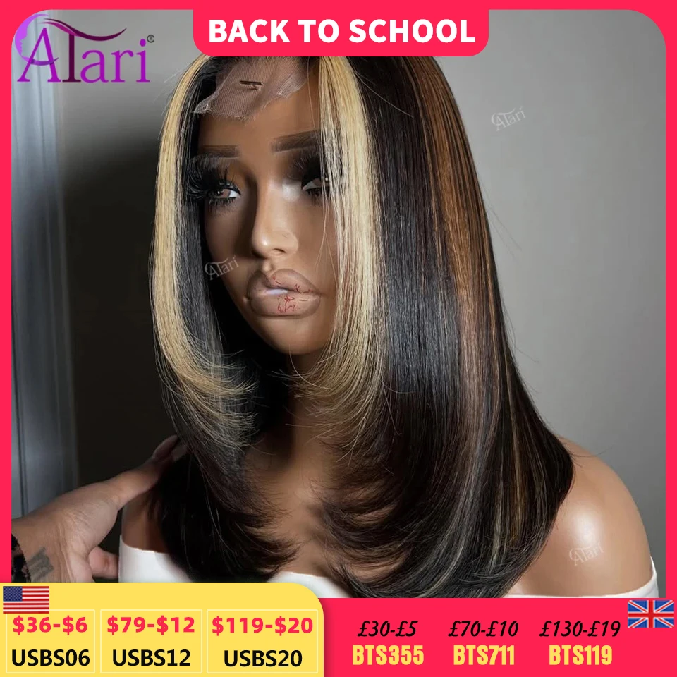 Gestreifte braune und breite 27 Upgrade 13x4 Lace Frontal Straight Bob Echthaarperücken Highlights Kurzer Bob Transparente Perücke 180 Dichte