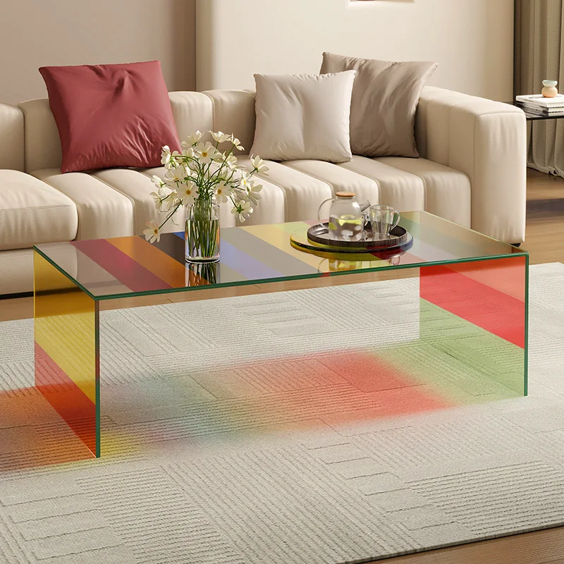 โต๊ะกาแฟหรูหราสไตล์ไลท์ลักชัวรี่สำหรับห้องนั่งเล่น โต๊ะกาแฟกระจกสีรุ้งแบบกระจกนิรภัย โต๊ะกาแฟขนาดเล็กทันสมัยเรียบง่าย