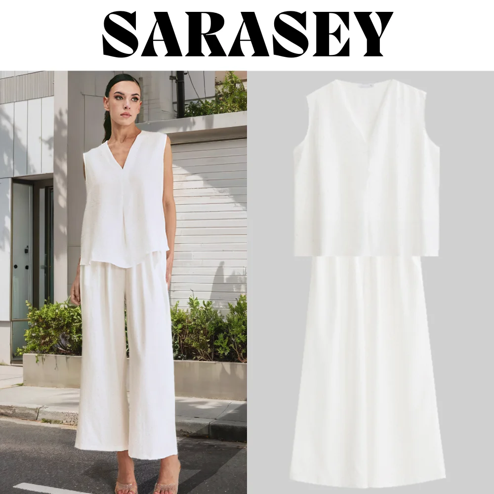 

Summer Women's V-Neck Sleeveless Vest And Loose Pants Set Breathable Soft Cotton-Blend Adjustable Waist for Office/Resort
