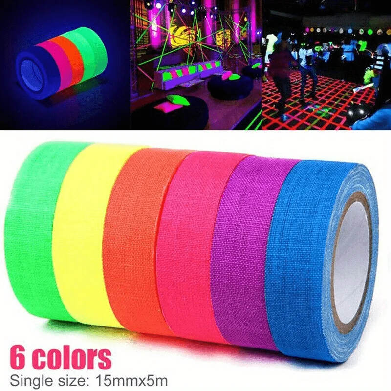 5Meter 6 Colors Neon Gaffer Cloth Tape Fluorescent Rainbow Color Party Non-Reflective Glow in The Dark Tape Under UV Black Light