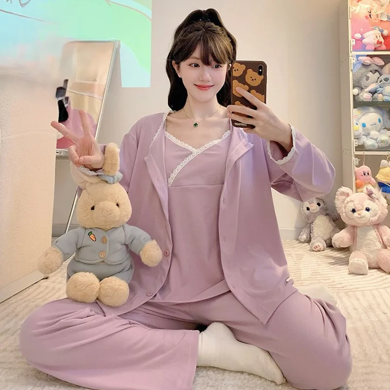 

Pajama Sets Navy Women Winter Rayon Youth Style Nightwear Festival Sleep Set Plaid Accent Tie Front Long Sleeved Capri Pants Ins