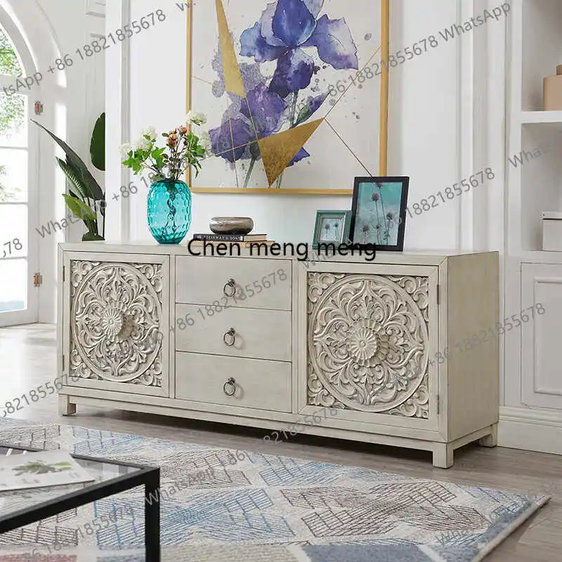 French solid wood carving flower TV cabinet American old retro living room storage side cabinet