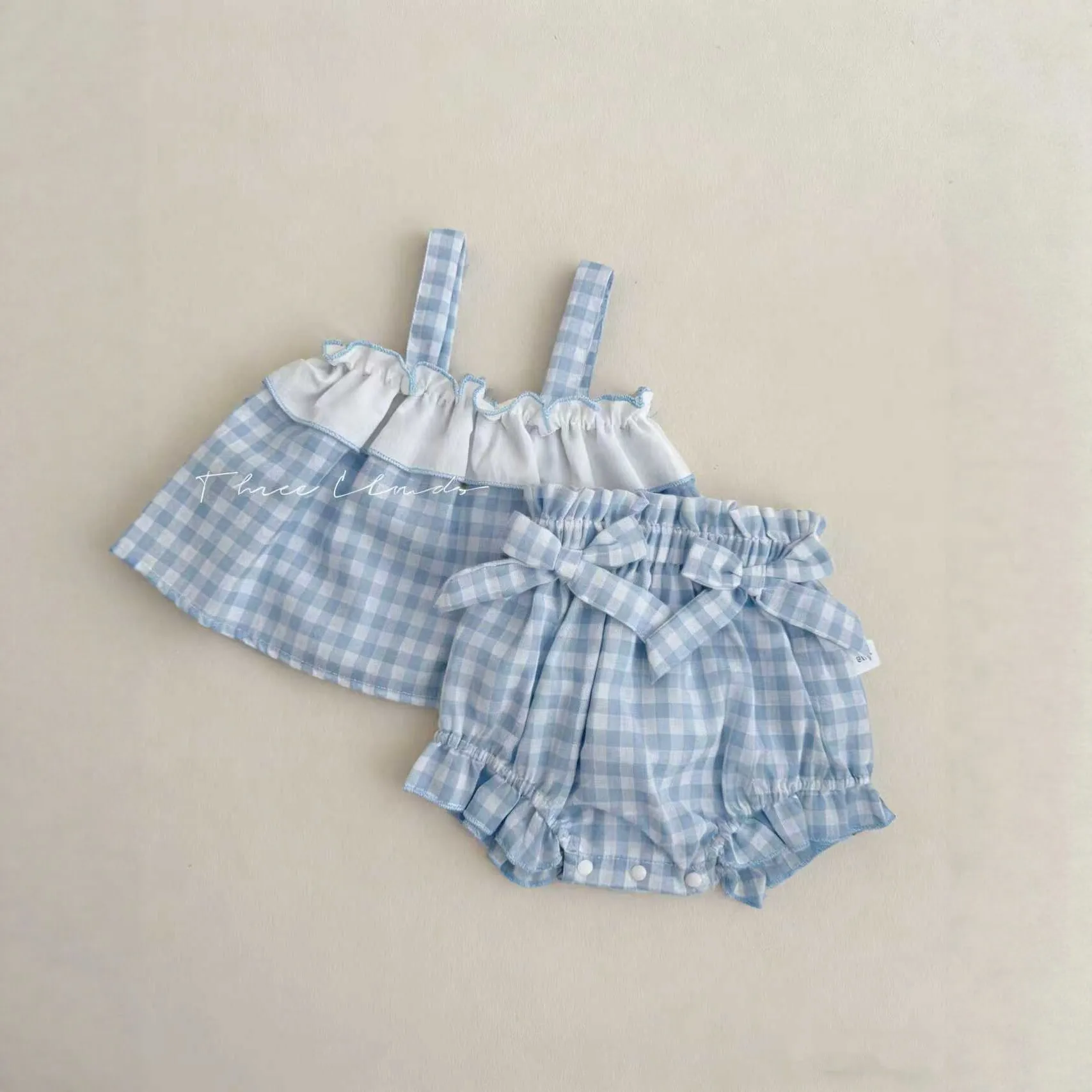 2026 Summer New Baby Girl Sleeveless Clothes Set Cute Bow Infant Girl Plaid Sling Vest + Shorts 2pcs Suit Cotton Toddler Outfits