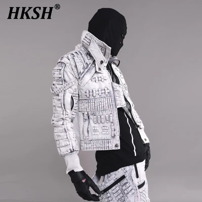 HKSH Men\'s Tide Punk Avant-garde Niche Design Deconstructs Coat Waste Land Asymmetrical Distresses Slim Motorcycle Jacket HK0789