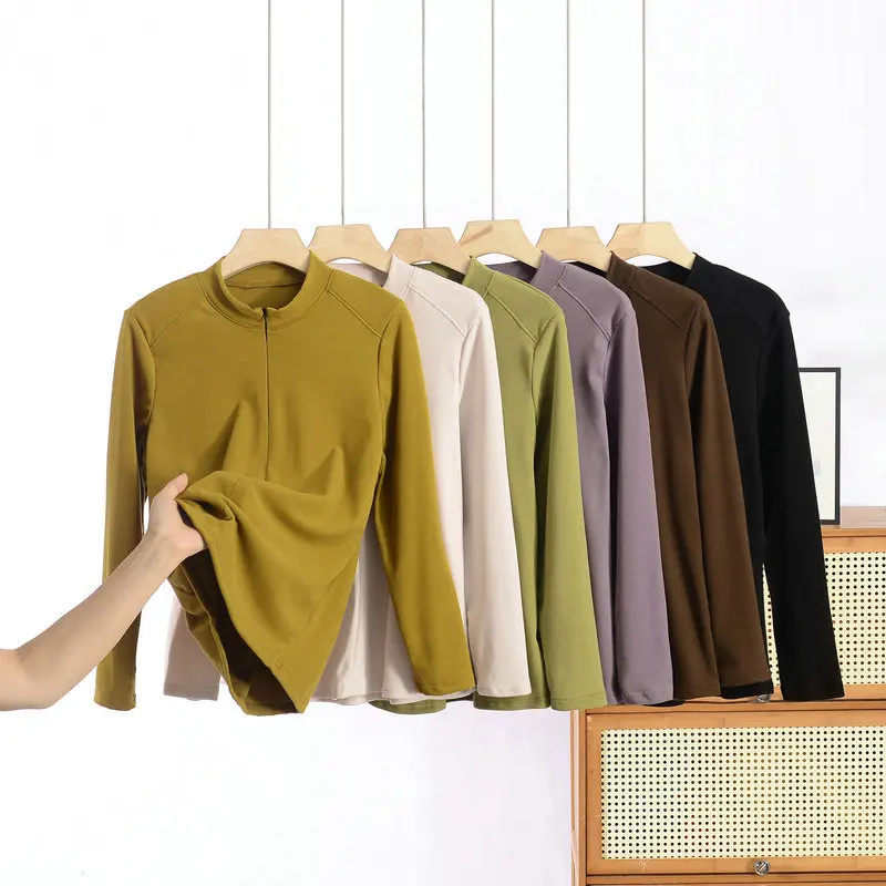 Plus size XL do 8XL Stójka Kołnierzyk Zamek błyskawiczny Koszulka z długim rękawem Kobiety Jesień Zima Tshirts Slim Fit podkoszulek bazowy