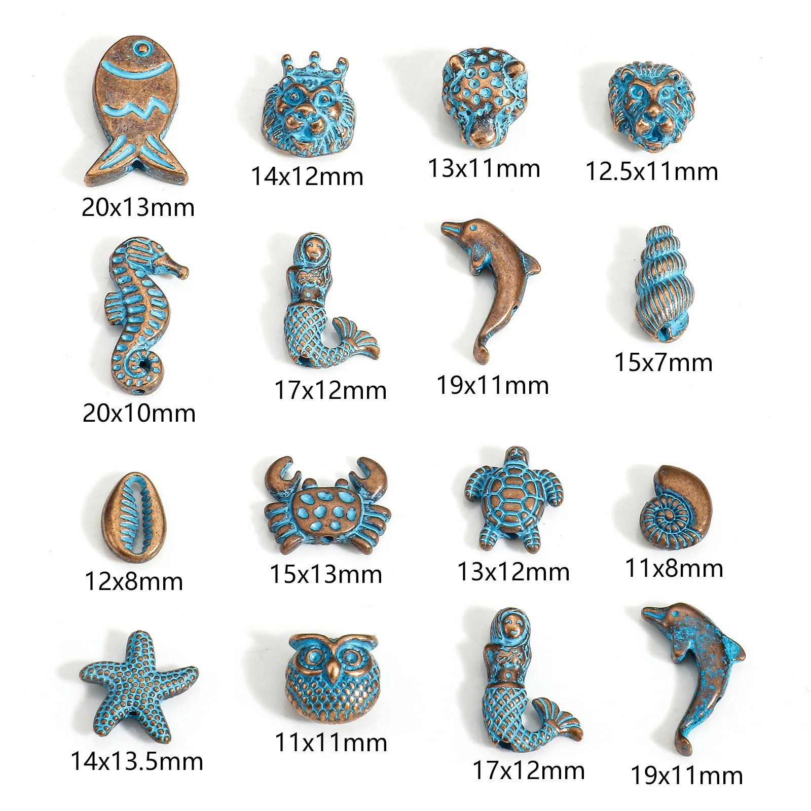 30pcs Vintage Ocean Jewelry Spacer Beads Antique Copper Blue Star Fish Mermaid Patina Metal Beads DIY Necklace Jewelry Making