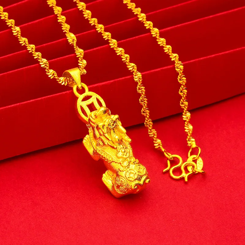

Pixiu Coin Water Wave Necklace Pendant 24K Gold AU999 Unisex - Elegant, ideal for gifting luck & blessing