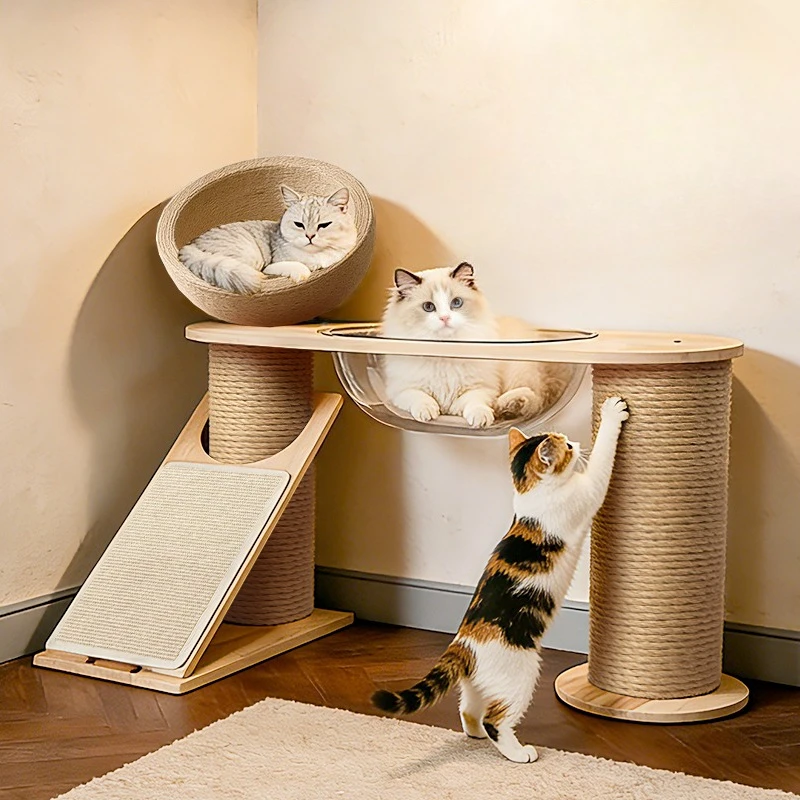 Solid wood cat climbing frame Space capsule Cat nest Sleeping integrated Multi-cat large cat scratching board