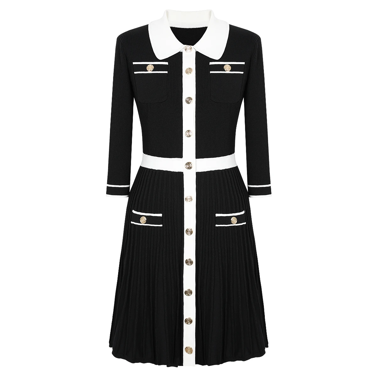 

High Quality Spot Summer And Autumn New Fashionable Color Blocked Slim Fit Seven Quarter Sleeve Knitted Women's Dress