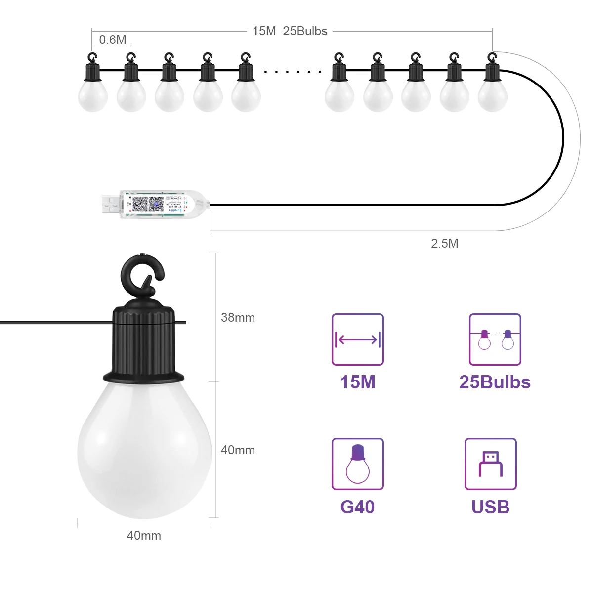 Smart G40 LED Bulb String 15M/30M 25/50 Bulbs Festoon USB Fairy Lights Bedroom Outdoor Garden Christmas Decoration Light Garland