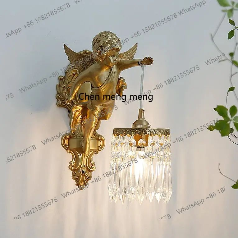 

Французский полностью медный настенный светильник с ангелом, средневековая гостиная, спальня, кабинет, проход, стена, американский ретро-свет, роскошная хрустальная лампа