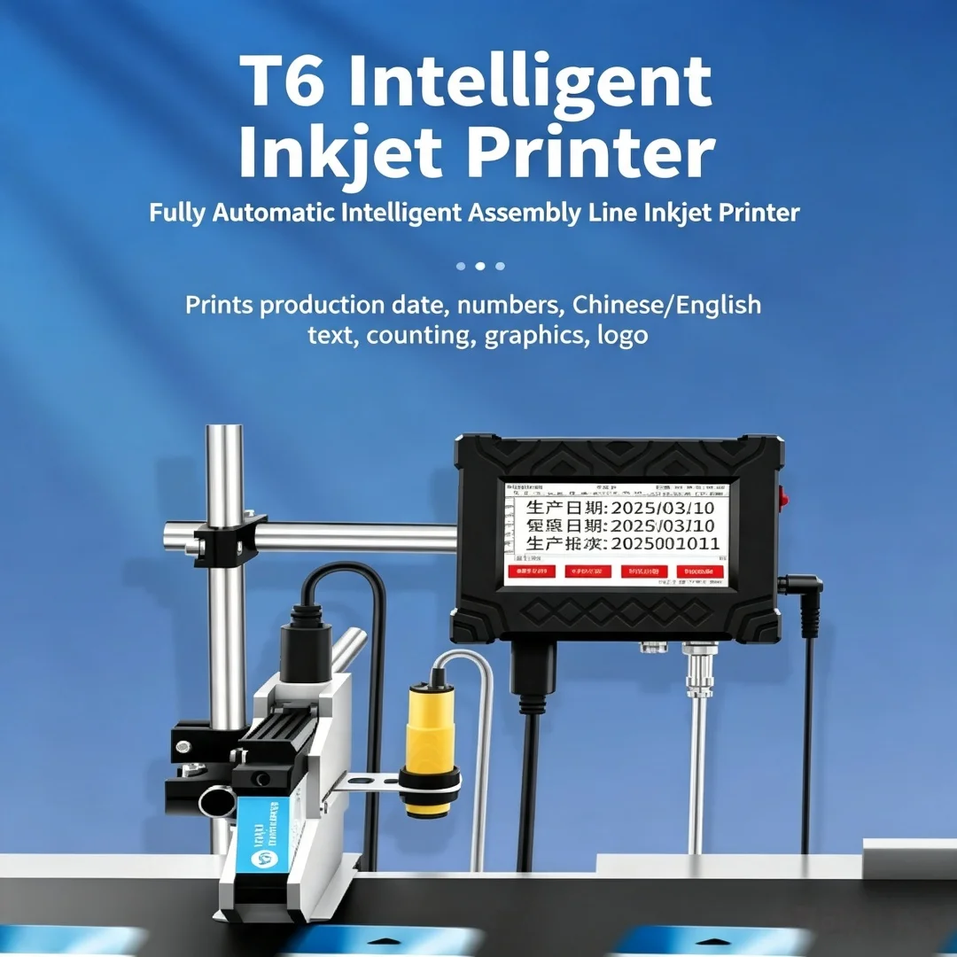 T6 Automatic Online Inkjet Coding Machine, Handheld Date Printer with Carton Pager, Small Character Laser Marker for Food Bottle